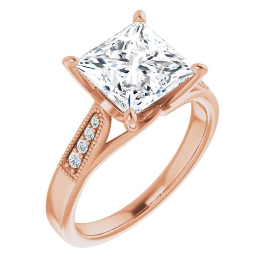 10K Rose Gold Customizable 9-stone Vintage Design with Princess/Square Cut Center and Round Band Accents