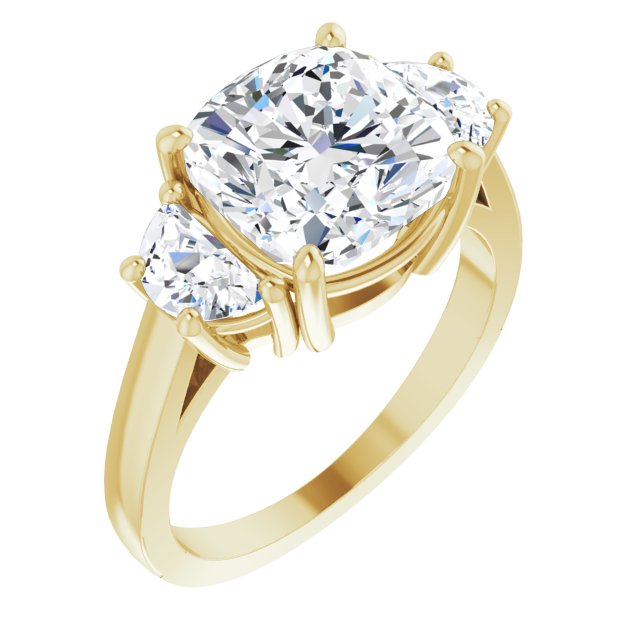 10K Yellow Gold Customizable 3-stone Design with Cushion Cut Center and Half-moon Side Stones