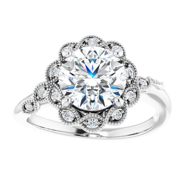 Cubic Zirconia Engagement Ring- The Makayla Belle (Customizable 3-stone Design with Round Cut Center and Halo Enhancement)
