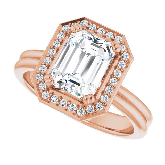 Cubic Zirconia Engagement Ring- The Jeanine Marie (Customizable Radiant Cut Style with Scooped Halo and Grooved Band)