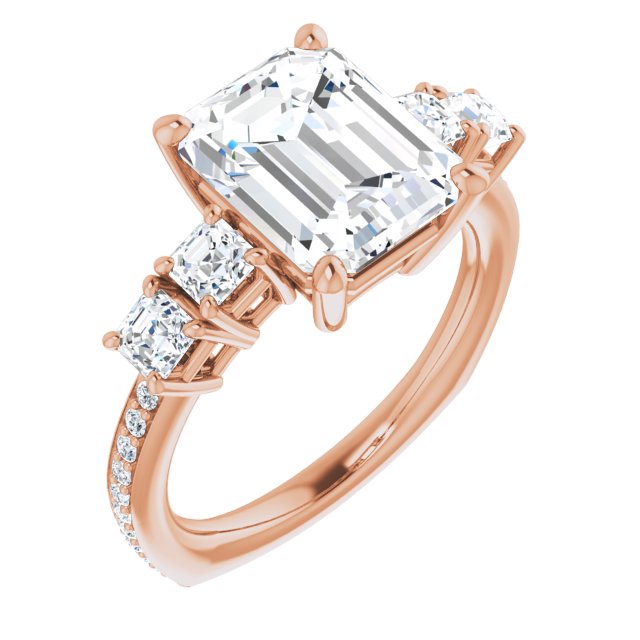 10K Rose Gold Customizable Emerald/Radiant Cut 5-stone Style with Quad Emerald/Radiant Accents plus Shared Prong Band
