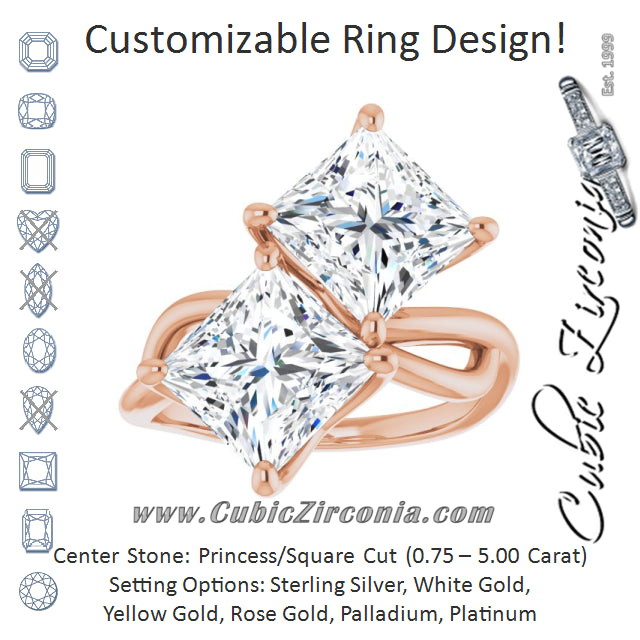 Cubic Zirconia Engagement Ring- The Chyna (Customizable 2-stone Princess/Square Cut Artisan Style with Wide, Infinity-inspired Split Band)