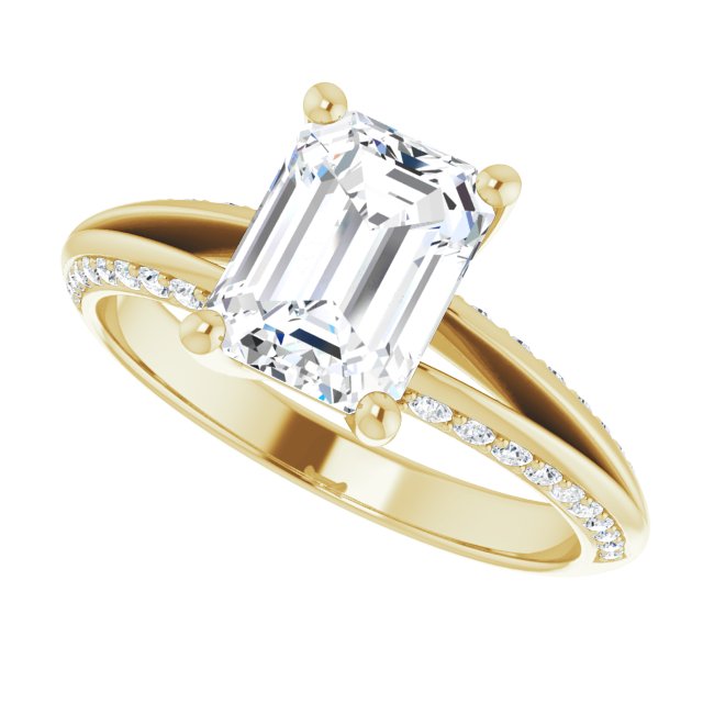Cubic Zirconia Engagement Ring- The Apryl (Customizable Emerald Cut Center with 4-sided-Accents Knife-Edged Split-Band)