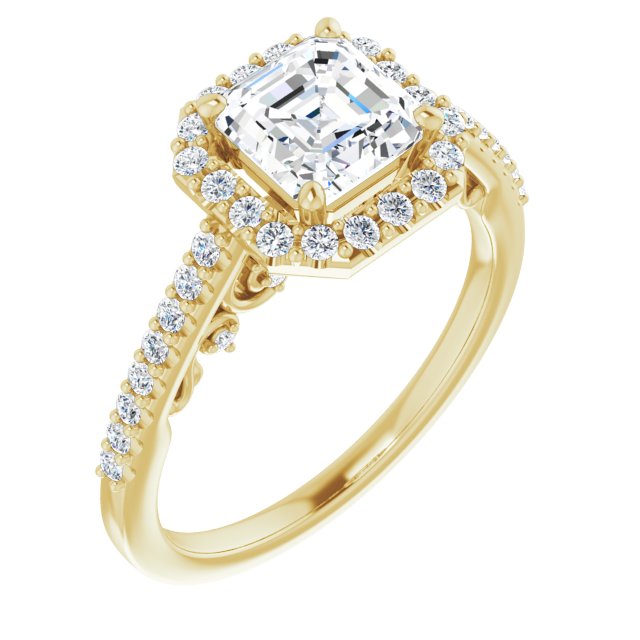10K Yellow Gold Customizable Cathedral-Halo Asscher Cut Design with Carved Metal Accent plus Pavé Band