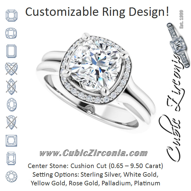 Cubic Zirconia Engagement Ring- The Elaine Li (Customizable Cushion Cut Style with Halo, Wide Split Band and Euro Shank)