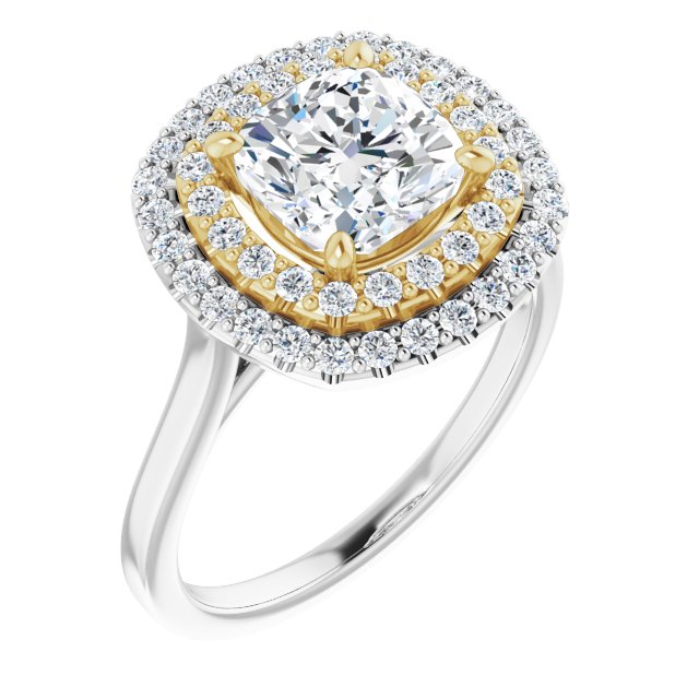 14K White & Yellow Gold Customizable Cathedral-set Cushion Cut Design with Double Halo