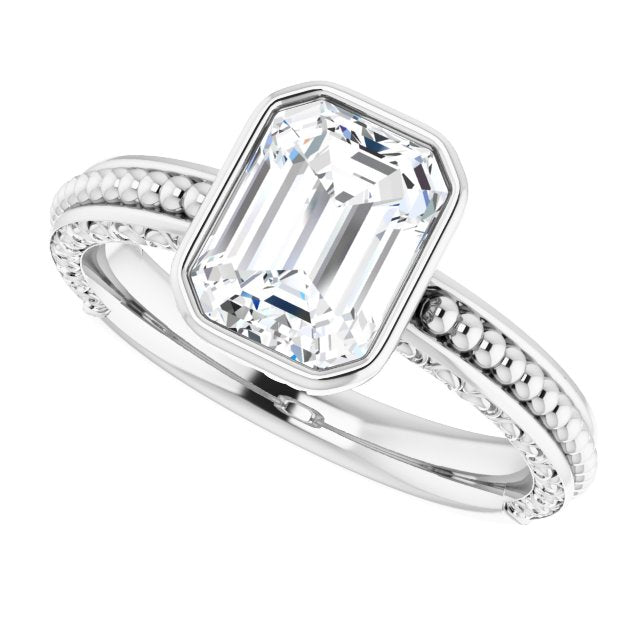 Cubic Zirconia Engagement Ring- The Cheyenne (Customizable Bezel-set Emerald Cut Solitaire with Beaded and Carved Three-sided Band)