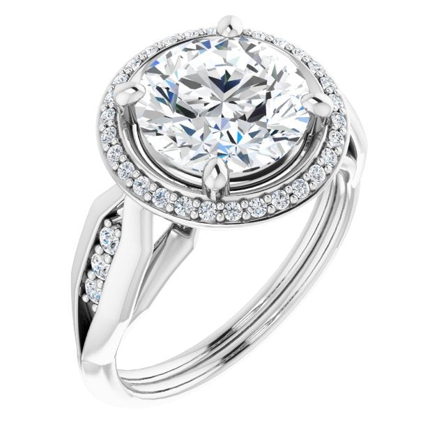 Platinum Customizable Cathedral-raised Round Cut Design with Halo and Tri-Cluster Band Accents