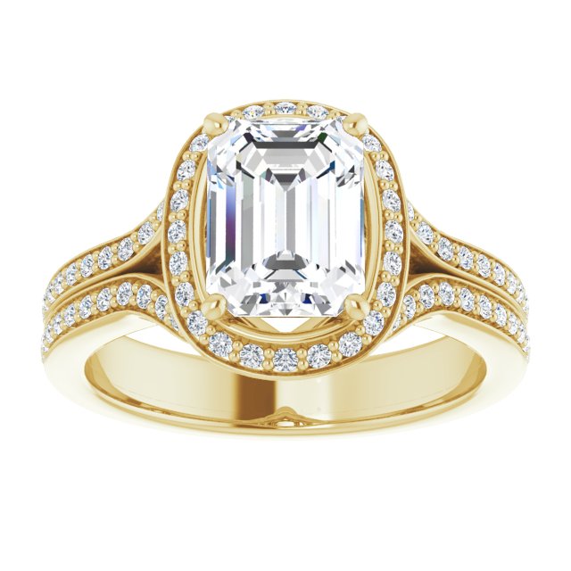 Cubic Zirconia Engagement Ring- The Dionne (Customizable Cathedral-raised Emerald Cut Setting with Halo and Shared Prong Band)