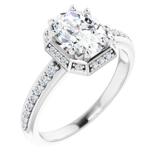 Cubic Zirconia Engagement Ring- The Gwen Noelle (Customizable Oval Cut Design with Geometric Under-Halo and Shared Prong Band)