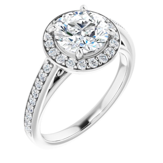 10K White Gold Customizable Round Cut Style with Halo and Sculptural Trellis