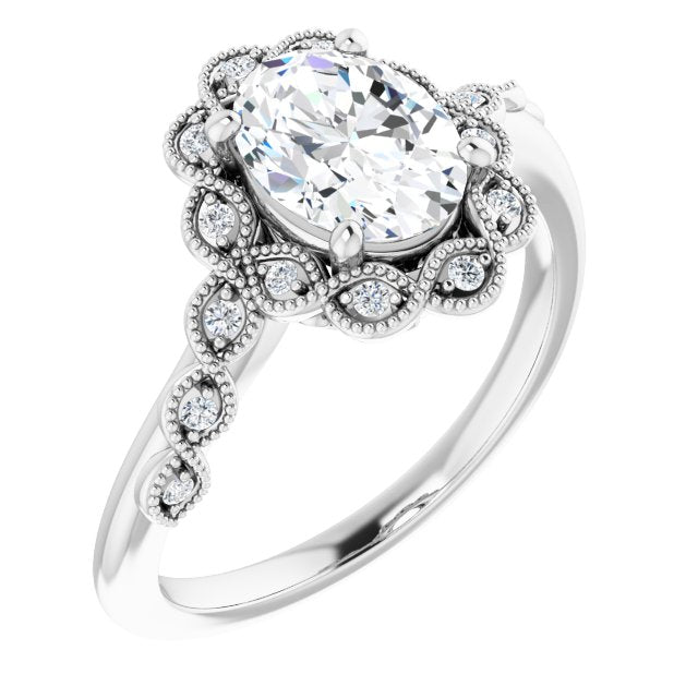 Cubic Zirconia Engagement Ring- The Makayla Belle (Customizable 3-stone Design with Oval Cut Center and Halo Enhancement)