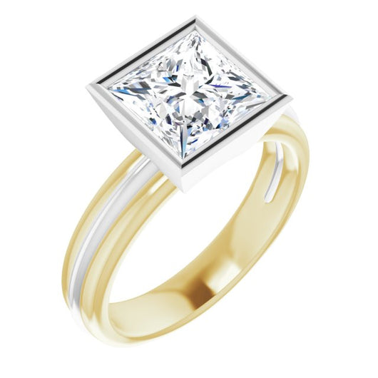 14K Yellow & White Gold Customizable Bezel-set Princess/Square Cut Solitaire with Grooved Band
