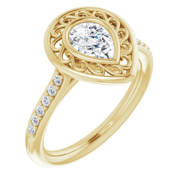 10K Yellow Gold Customizable Cathedral-Bezel Pear Cut Design with Floral Filigree and Thin Shared Prong Band