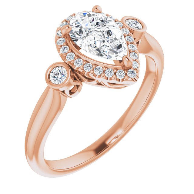 10K Rose Gold Customizable Pear Cut Style with Halo and Twin Round Bezel Accents