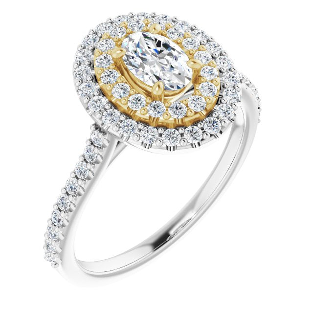 14K White & Yellow Gold Customizable Double-Halo Oval Cut Design with Accented Split Band