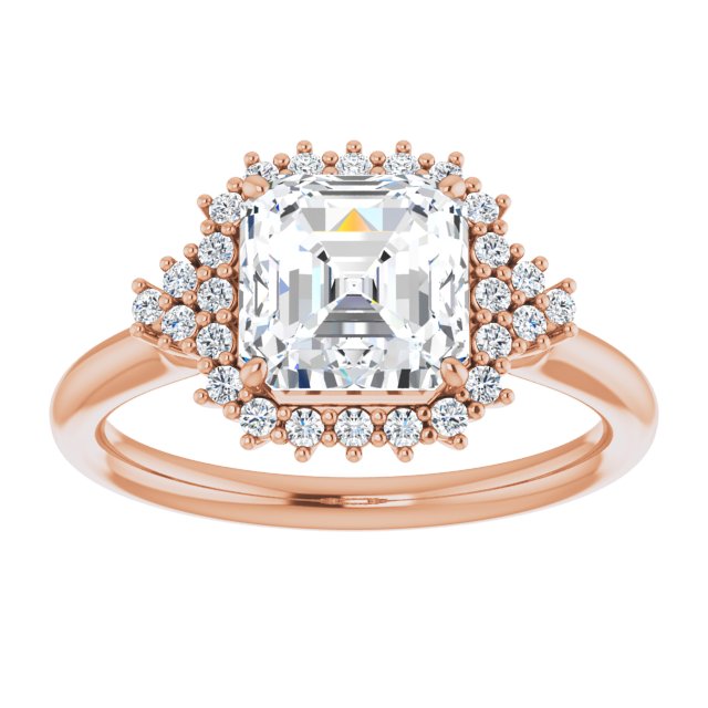 Cubic Zirconia Engagement Ring- The Winter (Customizable Asscher Cut Cathedral-Halo Design with Tri-Cluster Round Accents)