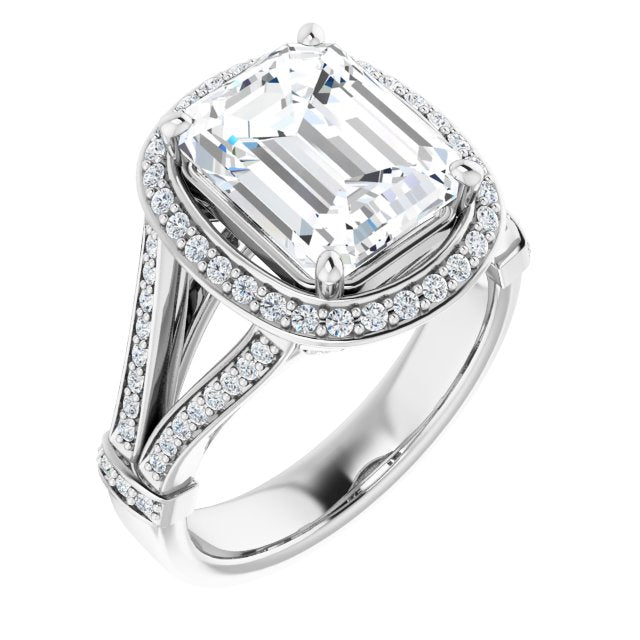 10K White Gold Customizable Emerald/Radiant Cut Setting with Halo, Under-Halo Trellis Accents and Accented Split Band