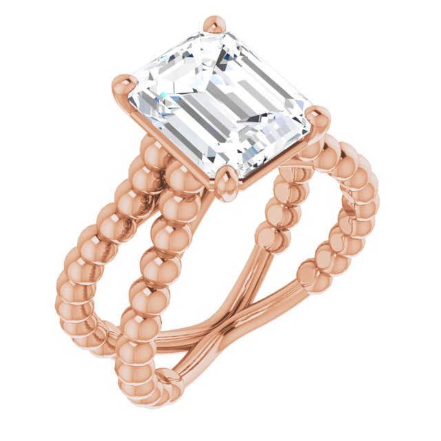 10K Rose Gold Customizable Emerald/Radiant Cut Solitaire with Wide Beaded Split-Band