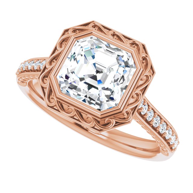 Cubic Zirconia Engagement Ring- The Itzayana (Customizable Cathedral-Bezel Asscher Cut Design featuring Accented Band with Filigree Inlay)