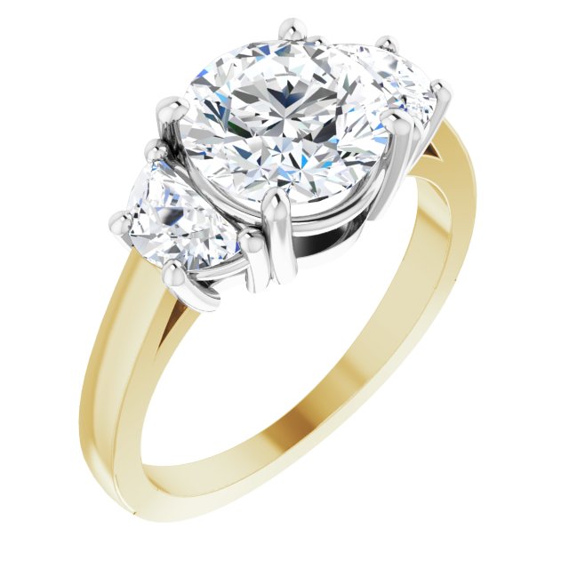 14K Yellow & White Gold Customizable 3-stone Design with Round Cut Center and Half-moon Side Stones
