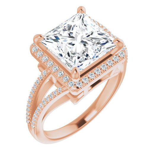10K Rose Gold Customizable Princess/Square Cut Vintage Design with Halo Style and Asymmetrical Split-Pavé Band