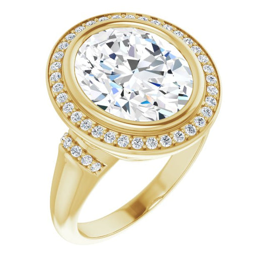 10K Yellow Gold Customizable Bezel-set Oval Cut Design with Halo and Vertical Round Channel Accents