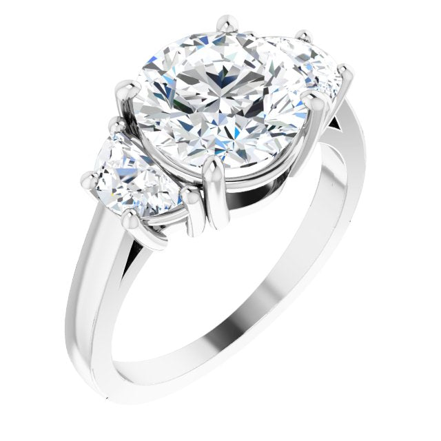 18K White Gold Customizable 3-stone Design with Round Cut Center and Half-moon Side Stones