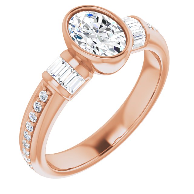 10K Rose Gold Customizable Cathedral-Bezel Oval Cut Style with Horizontal Baguettes & Shared Prong Band