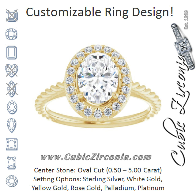 Cubic Zirconia Engagement Ring- The Shiori (Customizable Cathedral-set Oval Cut Design with Halo and Twisty Rope Band)