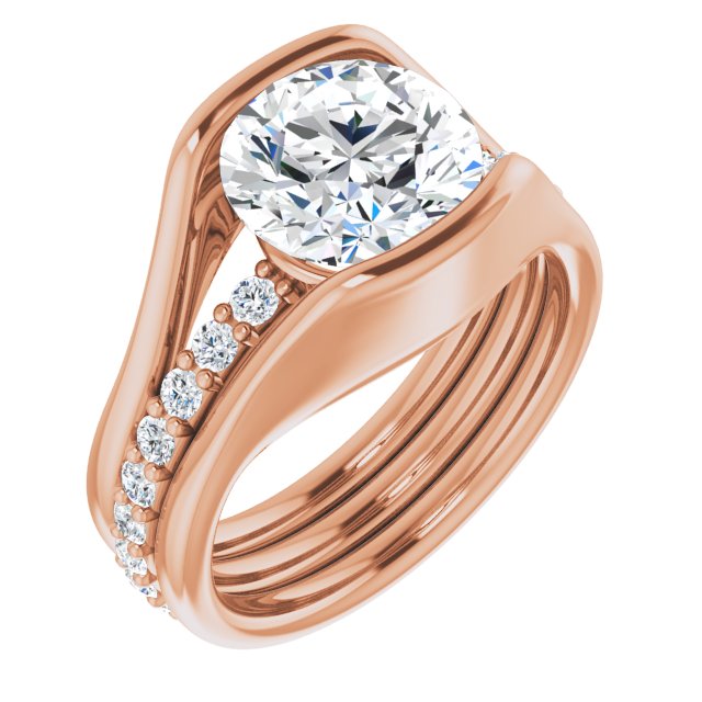 14K Rose Gold Customizable Bezel-set Round Cut Style with Thick Pavé Band