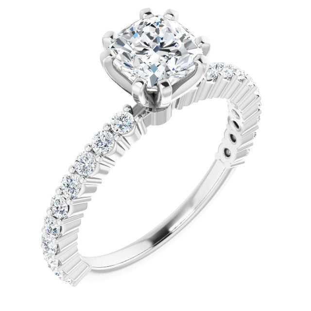 10K White Gold Customizable 8-prong Cushion Cut Design with Thin, Stackable Pav? Band