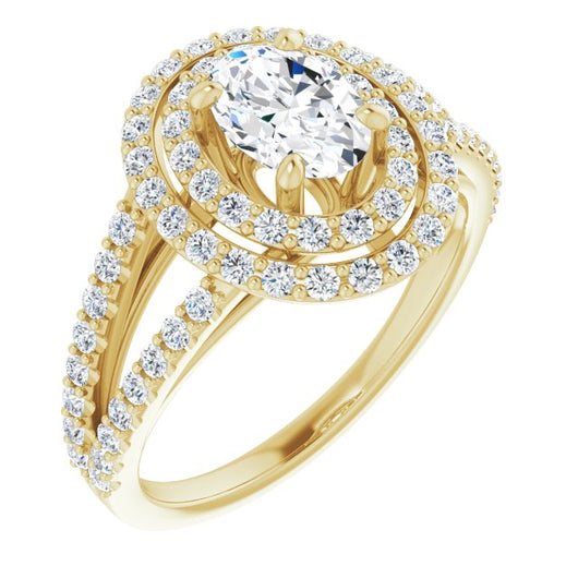 10K Yellow Gold Customizable Oval Cut Design with Double Halo and Wide Split-Pavé Band