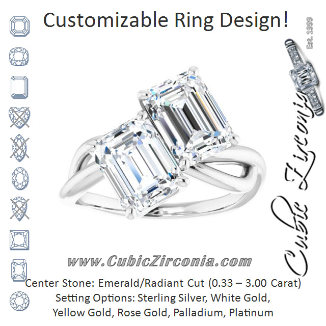 Cubic Zirconia Engagement Ring- The Chyna (Customizable 2-stone Radiant Cut Artisan Style with Wide, Infinity-inspired Split Band)