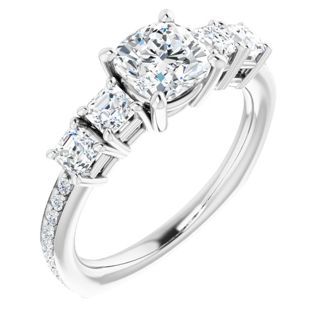 10K White Gold Customizable Cushion Cut 5-stone Style with Quad Cushion Accents plus Shared Prong Band