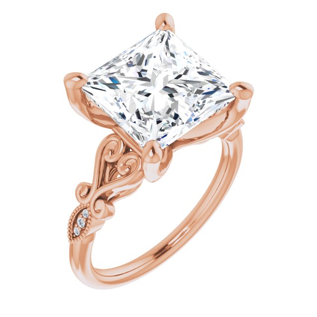 10K Rose Gold Customizable 7-stone Design with Princess/Square Cut Center Plus Sculptural Band and Filigree