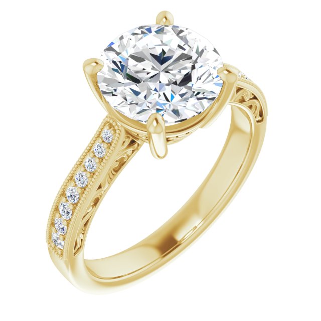18K Yellow Gold Customizable Round Cut Design with Round Band Accents and Three-sided Filigree Engraving