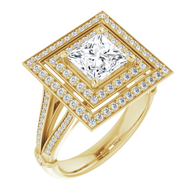 10K Yellow Gold Customizable Cathedral-set Princess/Square Cut Design with Double Halo, Wide Split-Shared Prong Band and Side Knuckle Accents