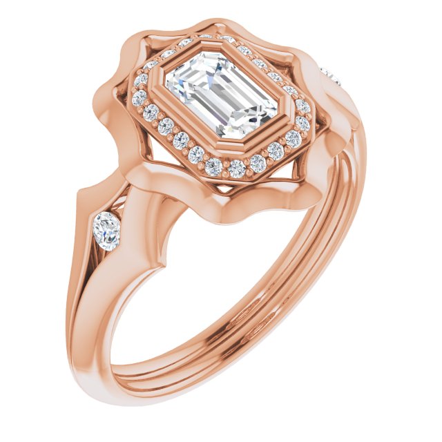 10K Rose Gold Customizable Bezel-set Emerald/Radiant Cut with Halo & Oversized Floral Design