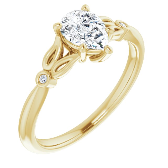 10K Yellow Gold Customizable 3-stone Pear Cut Design with Thin Band and Twin Round Bezel Side Stones