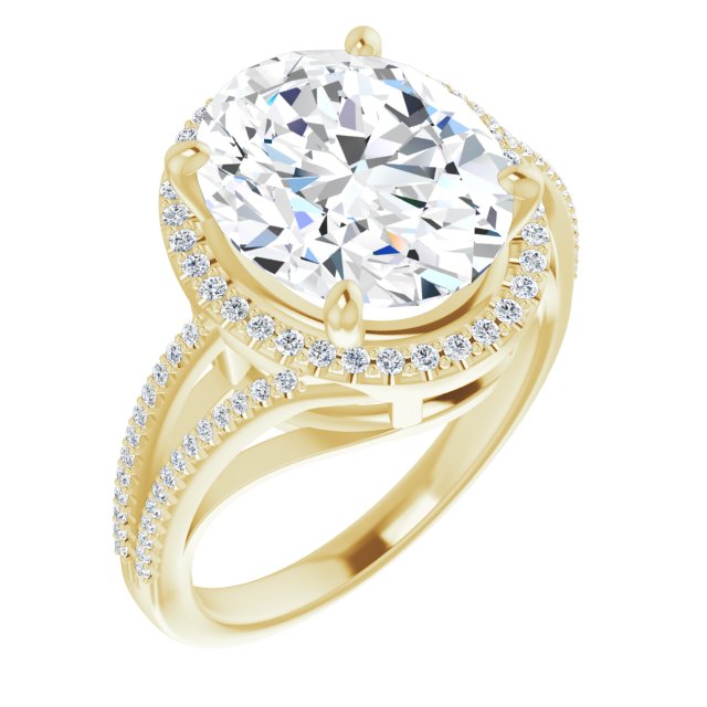 10K Yellow Gold Customizable Oval Cut Vintage Design with Halo Style and Asymmetrical Split-Pavé Band