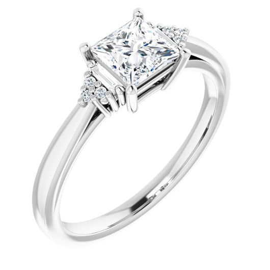 10K White Gold Customizable 9-stone Design with Princess/Square Cut Center, Side Baguettes and Tri-Cluster Round Accents