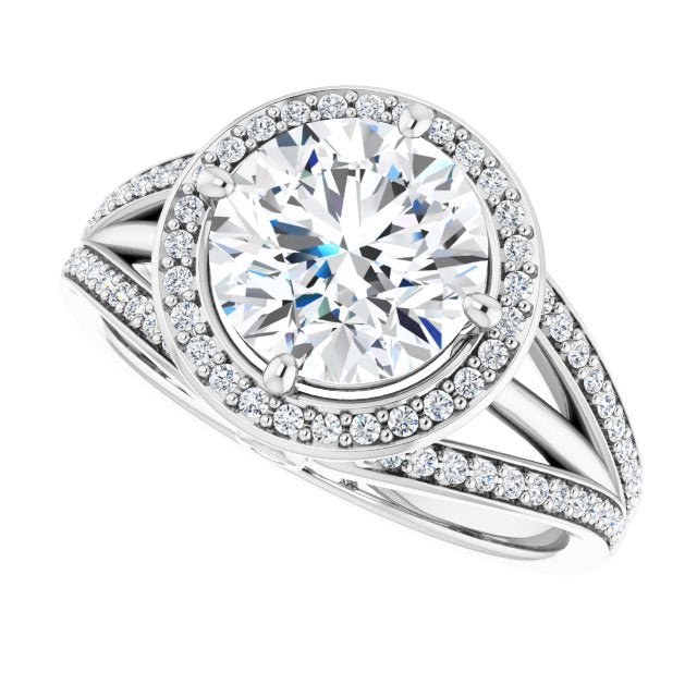 Cubic Zirconia Engagement Ring- The Hanna Jo (Customizable High-set Round Cut Design with Halo, Wide Tri-Split Shared Prong Band and Round Bezel Peekaboo Accents)
