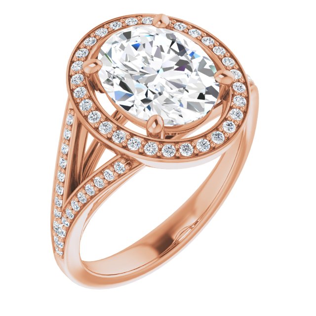 10K Rose Gold Customizable Cathedral-Halo Oval Cut Style featuring Split-Shared Prong Band
