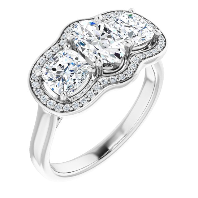 10K White Gold Customizable 3-stone Design with Oval Cut Center, Cushion Side Stones, Triple Halo and Bridge Under-halo