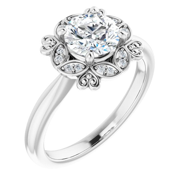10K White Gold Customizable Round Cut Design with Floral Segmented Halo & Sculptural Basket