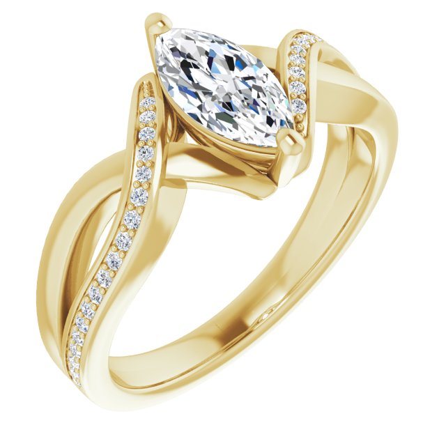 10K Yellow Gold Customizable Marquise Cut Center with Curving Split-Band featuring One Shared Prong Leg