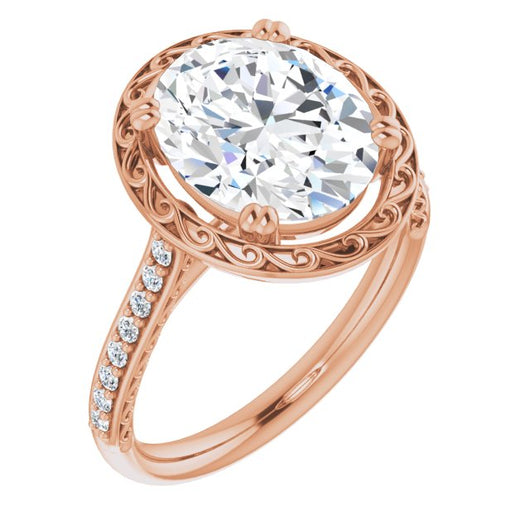 10K Rose Gold Customizable Oval Cut Halo Design with Filigree and Accented Band