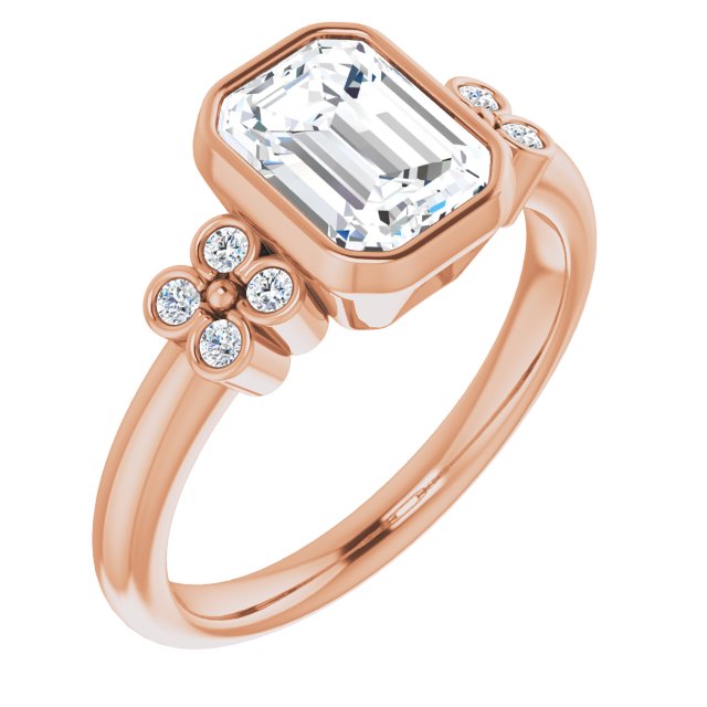 Cubic Zirconia Engagement Ring- The Kjerstin Rose (Customizable 9-stone Bezel-set Emerald Cut Design with Quad Round Bezel Side Stones Each Side)