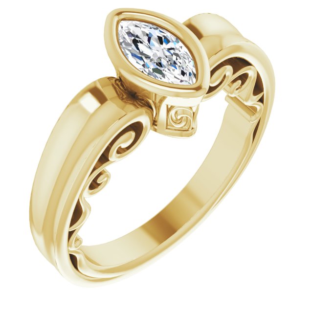 10K Yellow Gold Customizable Bezel-set Marquise Cut Solitaire with Wide 3-sided Band